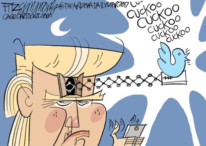 Political Cartoon U.S. Trump Twitter Tweets Alarm