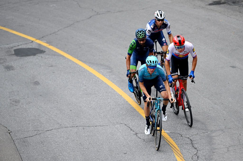 QUEBEC CITY QUEBEC SEPTEMBER 08 A general view of Mathias Vacek of Czech Republic and Team LidlTrek Mauri Vansevenant of Belgium and Team Soudal QuickStep David Lozano Riba of Spain and Team Novo Nordisk and Gianmarco Garofoli of Italy and Astana Qazaqstan Team compete in the breakaway during the 12th Grand Prix Cycliste de Qubec 2023 a 2016km one day race from Quebec to Quebec 92m UCIWT on September 08 2023 in Quebec City Quebec Photo by Dario BelingheriGetty Images