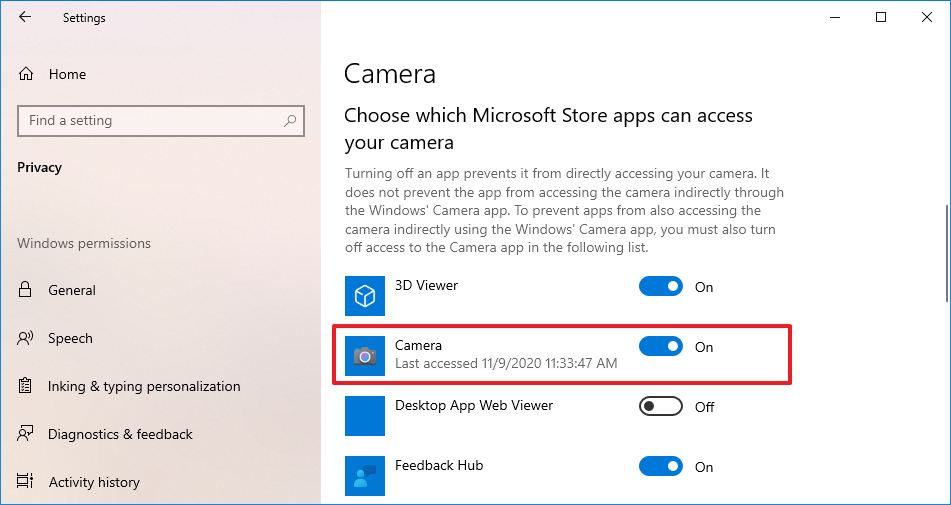 Enable camera access to individual apps