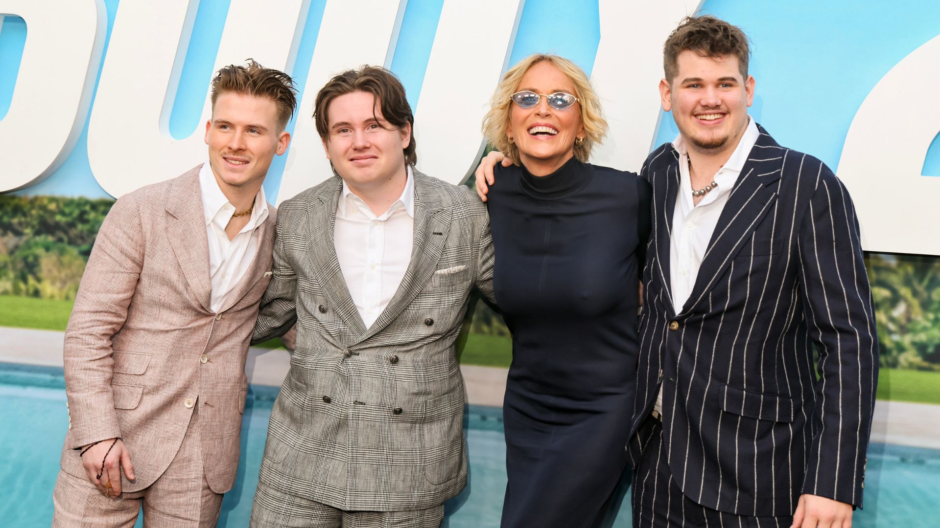 (L-R) Roan Stone, Quinn Stone, Sharon Stone and Laird Stone attend the Los Angeles premiere of Universal Pictures Nobody 2 at TCL Chinese Theatre on August 11, 2025
