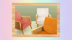 Wayfair chairs on a rainbow background with wooden border