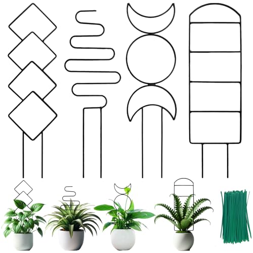 4 Packs Trellis for Climbing Plants Indoor, Henable Small Garden Metal Trellis for Potted Plants Outdoor for Vine Ivy Flower Plant Support, 4 Different Black Iron Patterns