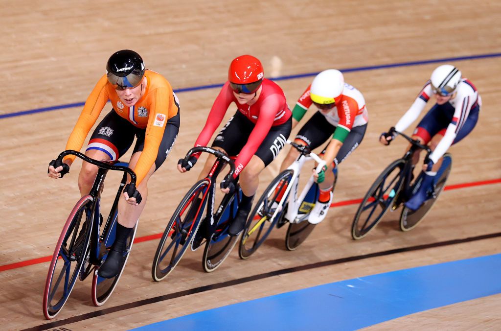 IZU JAPAN AUGUST 08 LR Kirsten Wild of Team Netherlands Amalie Dideriksen of Team Denmark Tatsiana Sharakova of Team Belarus compete during the Womens Omnium points race 4 round of 4 of the track cycling on day sixteen of the Tokyo 2020 Olympic Games at Izu Velodrome on August 08 2021 in Izu Shizuoka Japan Photo by Justin SetterfieldGetty Images