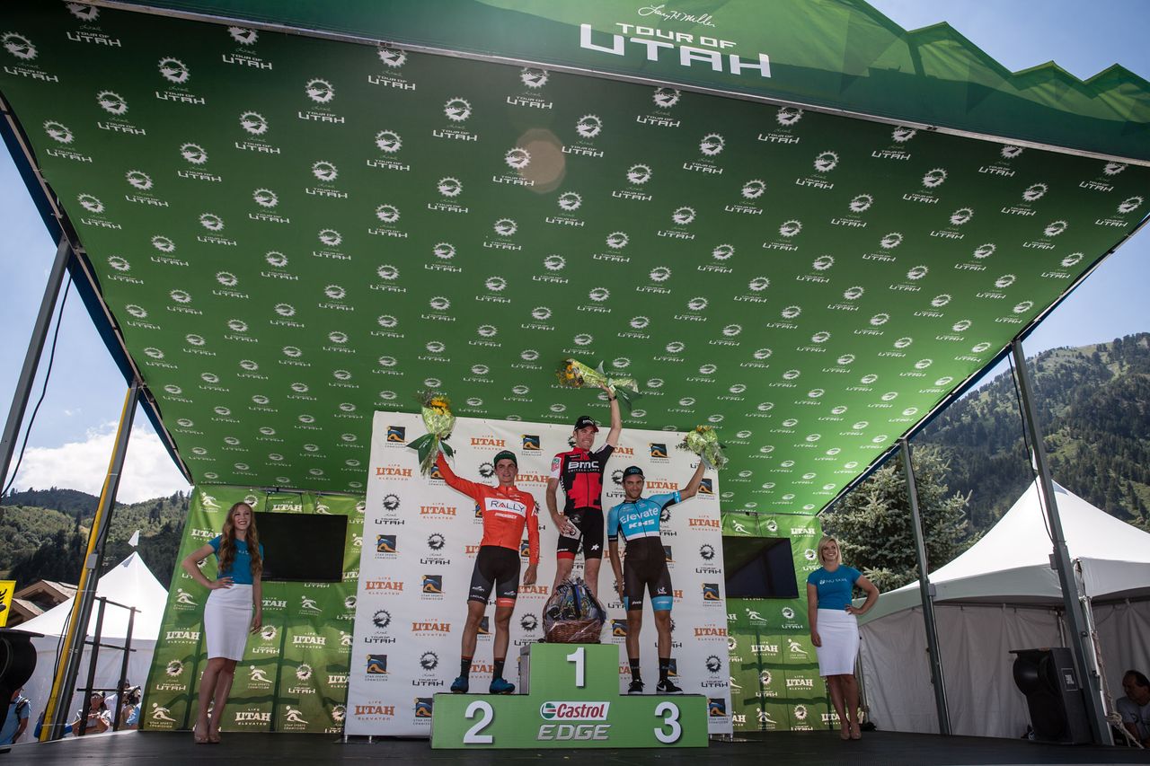 The stage 2 podium of James Piccoli, Brent Bookwalter and Sepp Kuss