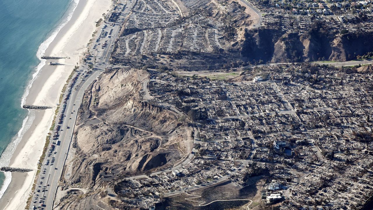 Aerial view of burned Pacific Palisades neighborhood in Southern California.