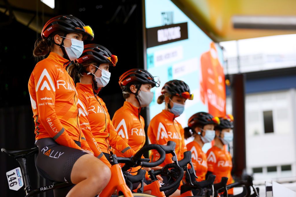 LANDERNEAU FRANCE JUNE 26 Sara Poidevin of Canada and Team Rally Cycling and Teammates at start during the 8th La Course By Le Tour De France 2021 a 1077km race from Brest to Landerneau Cte De La Fosse Aux Loups 176m LaCourse LeTour TDF2021 UCIWWT on June 26 2021 in Landerneau France Photo by Tim de WaeleGetty Images