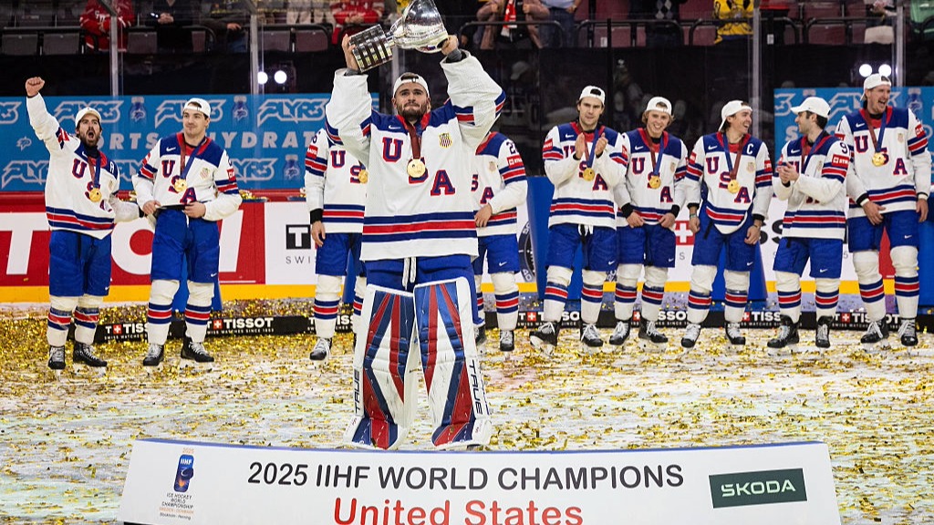 USA celebrate winning the IIHF World Championship 2025