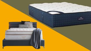 DreamCloud vs Saatva: image shows the Saatva Classic mattress on a yellow background and the DreamCloud Luxury Hybrid mattress on an olive green background