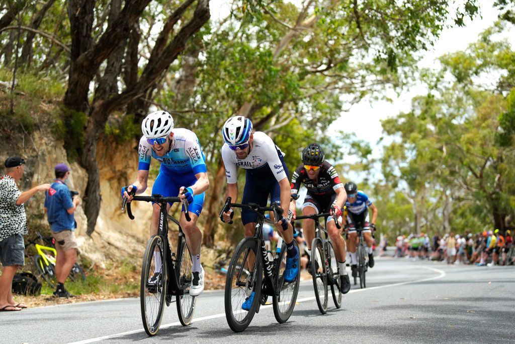 WILLUNGA HILL AUSTRALIA JANUARY 29 LR Luke Durbridge of Australia and Team BikeexchangeJayco and Alastair Mackellar of Australia and Team Westpac compete passing through Willunga Hill 224m during the 2nd Santos Festival Of Cycling 2022 Mens Elite Stage 3 a 1132km stage from McLaren Vale to Willunga Hill 224m TourDownUnder on January 29 2022 in Willunga Hill Australia Photo by Daniel KaliszGetty Images