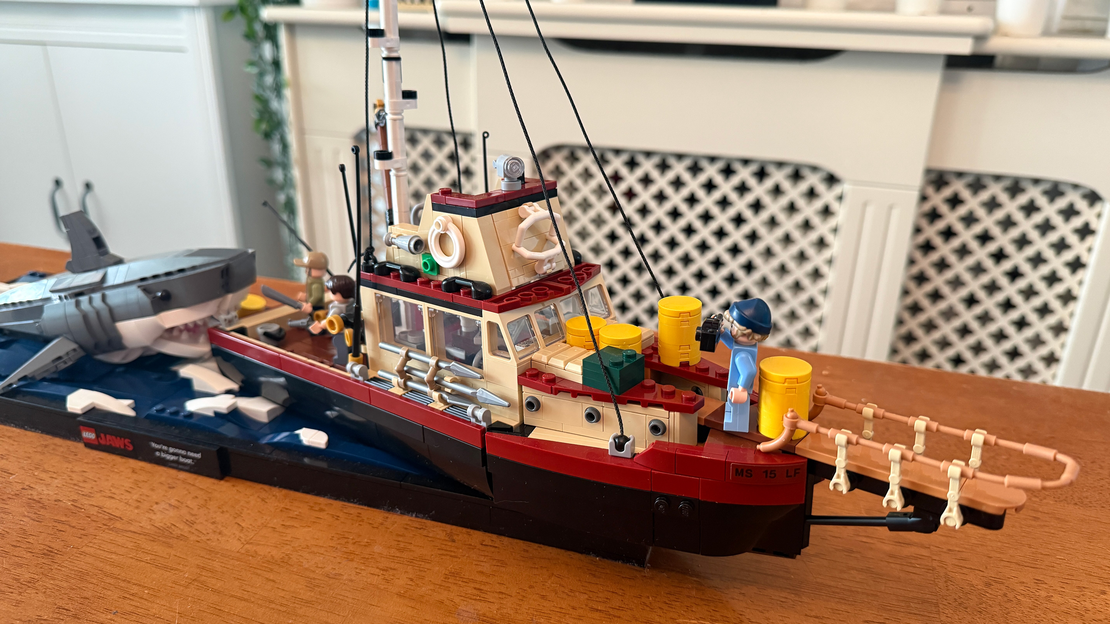 Front detail of the Orca on the Lego Jaws (21350) display base
