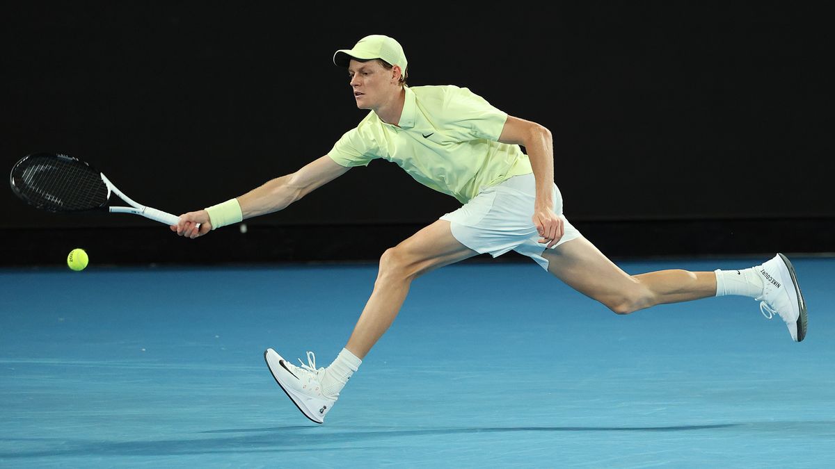 Jannik Sinner plays in a preview match at the Australian Open 2025