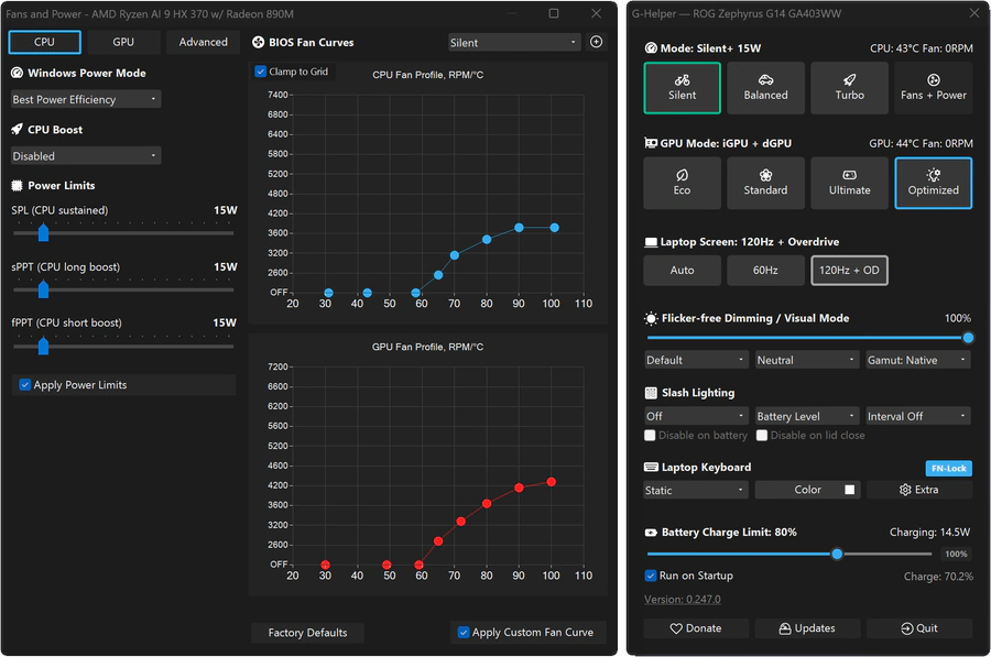 Computer interface showing CPU and GPU fan settings and performance modes for a ROG Zephyrus G14 laptop, featuring graphs and sliders for fan control and power limits.