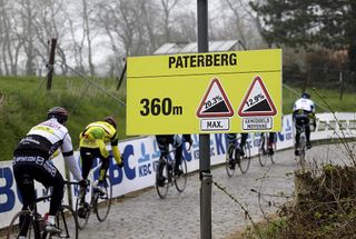 Cyclists ride on March 31 2012 through Paterberg on the eve of the Tour of Flanders cycling race in Oudenaarde AFP PHOTO BELGA NICOLAS MAETERLINCK BELGIUM OUT Photo credit should read NICOLAS MAETERLINCKAFP via Getty Images
