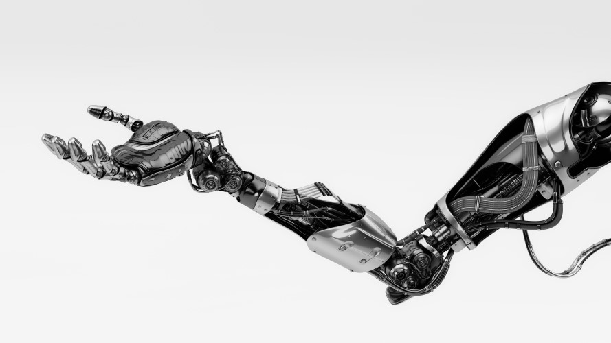 A metallic robotic carm stretched out against a white background.