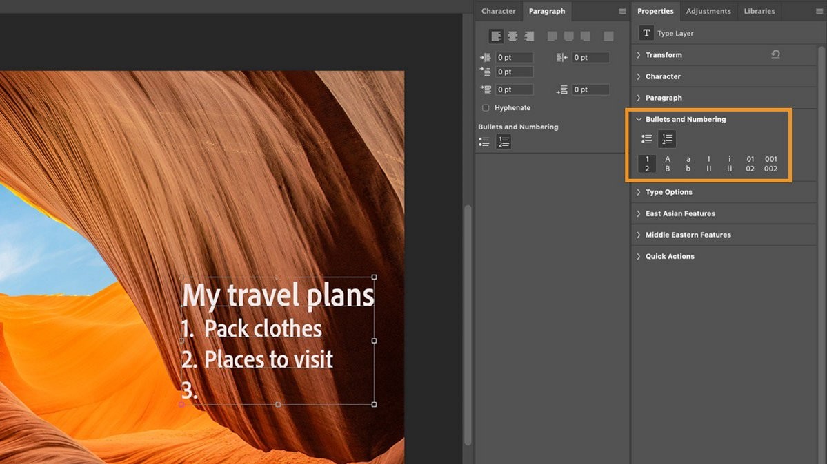 Screengrab showing new bullets numbering feature in Photoshop