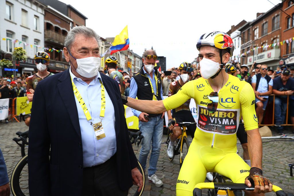 LONGWY FRANCE JULY 07 Wout Van Aert of Belgium and Team Jumbo Visma Yellow Leader Jersey R and Eddy Merckx of Belgium expro rider L prior to the 109th Tour de France 2022 Stage 6 a 2199km stage from Binche to Longwy 377m TDF2022 WorldTour on July 07 2022 in Longwy France Photo by Michael SteeleGetty Images