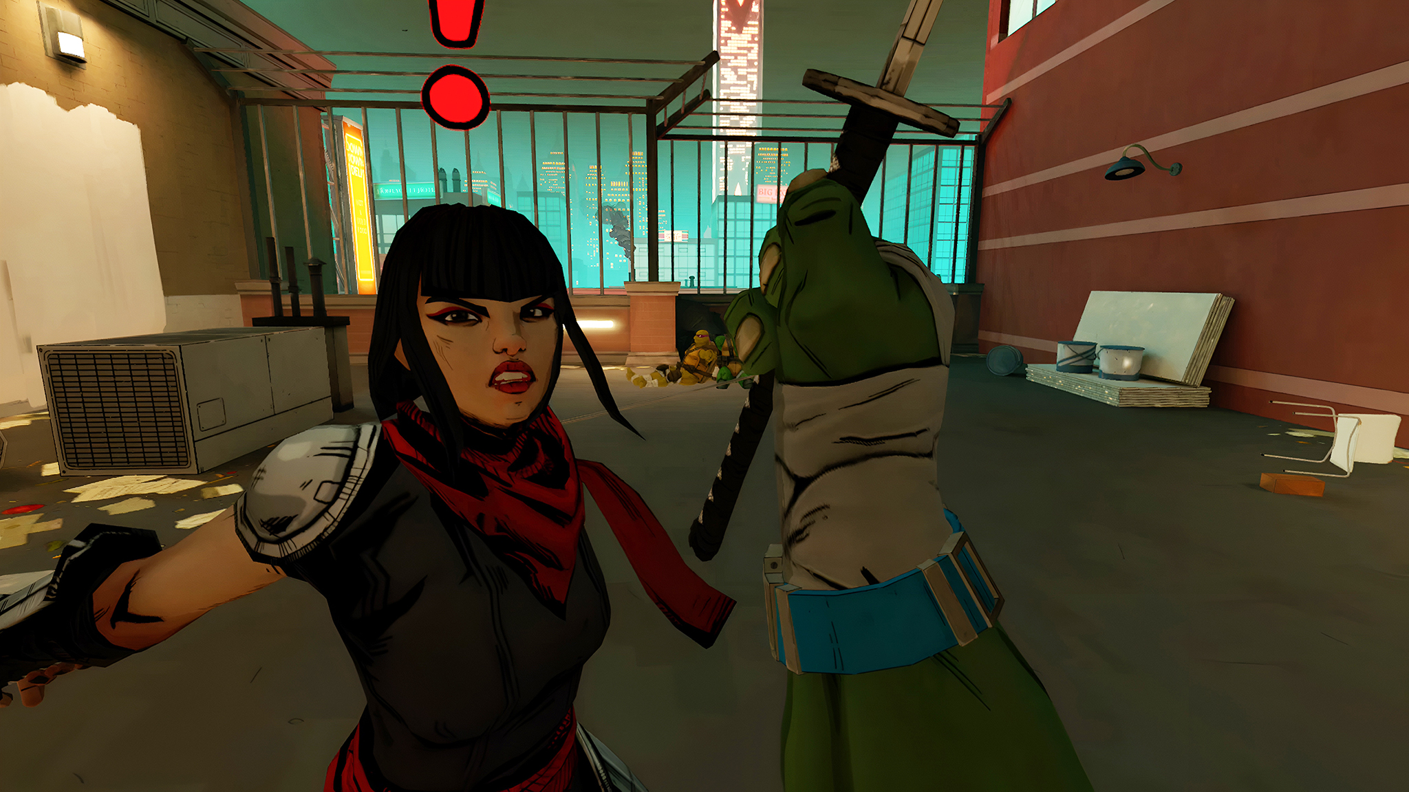 An official screenshot of TMNT Empire City on the Meta Quest 3, showing the boss fight at the end of the tutorial