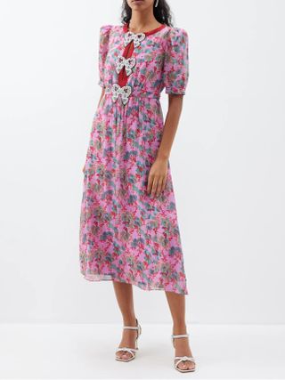 Saloni, Jamie Crystal-Bow Floral-Print Dress