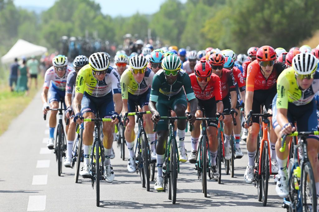 NIMES FRANCE JULY 16 LR Hugo Page of France and Biniam Girmay of Eritrea and Team Intermarche Wanty Green Sprint Jersey compete during the 111th Tour de France 2024 Stage 16 a 1886km stage from Gruissan to Nimes UCIWT on July 16 2024 in Nimes France Photo by Dario BelingheriGetty Images