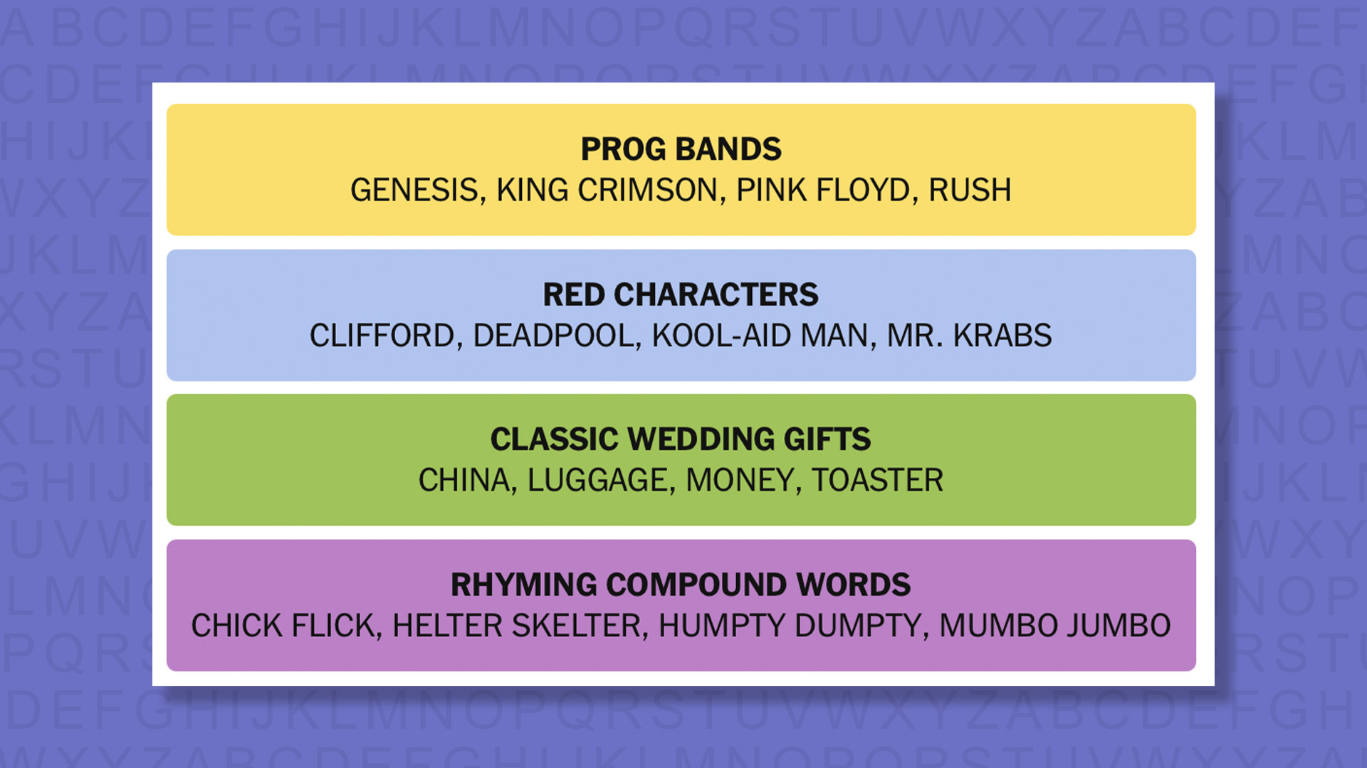 NYT Connections answers for game 1109 on a purple background