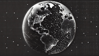 A horizontal black and white images of Earth, with small dots representing cities across the northern and southern hemispheres. 