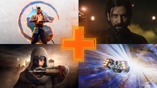 Stills from Mortal Kombat 1, Alan Wake 2, Assassin's Creed Mirage, and Starfield with an orange cross in the middle.
