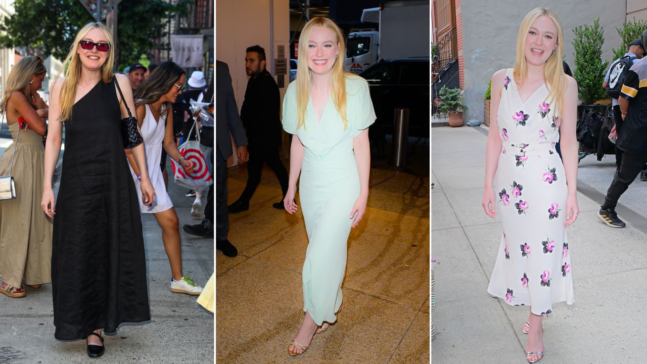 Dakota Fanning in a composite wearing three different summer dresses