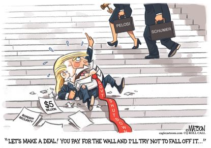Political cartoon U.S. Trump border wall government shutdown Pelosi Schumer
