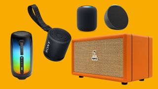 The Orange, Sonos, JBL, Apple Homepod, Amazon Echo speakers on an orange background