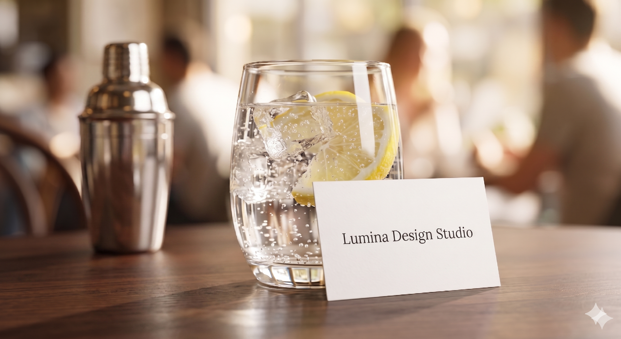 A photorealistic AI-generated image of a glass on a table in a cafe with dinners out of focus in the background