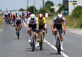 MONTLUCON FRANCE JUNE 08 LR Tadej Pogacar of Slovenia and UAE Team Emirates XRG Jonas Vingegaard of Denmark and Team Visma Lease a Bike and Mathieu van der Poel of Netherlands and Team Alpecin Deceuninck compete in the breakaway during the 77th Criterium du Dauphine 2025 Stage 1 a 1958km stage from Domerat to Montlucon UCIWT on June 08 2025 in Montlucon France Photo by Dario BelingheriGetty Images