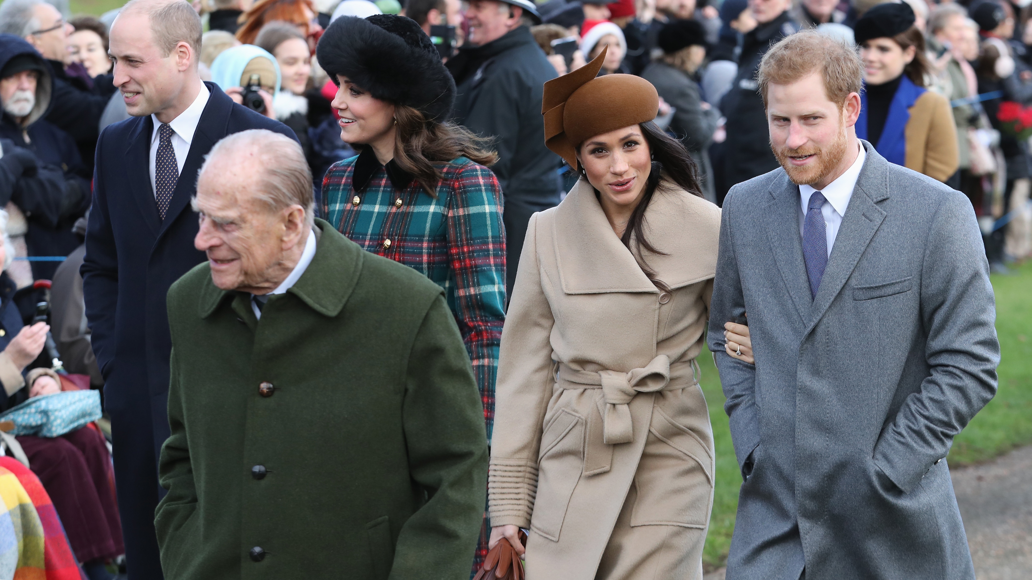 Prince William, Prince Philip, Catherine, Princess of Wales, Meghan Markle and Prince Harry attend Christmas Day Church service at Church of St Mary Magdalene on December 25, 2017