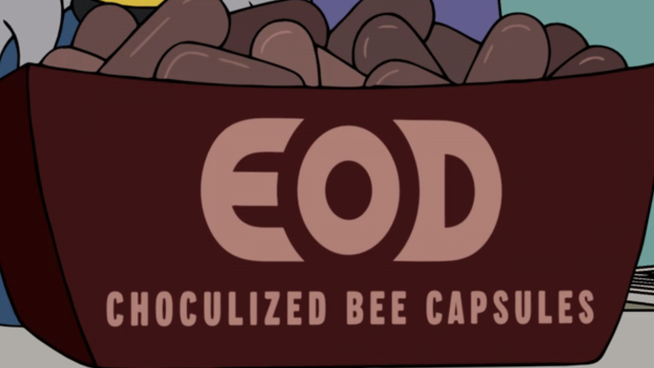 EOD choculized bee capsules in The Simpsons "Seperance" Severance spoof