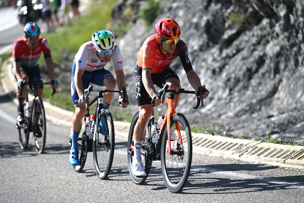 BARCELONNETTE FRANCE JULY 18 LR Victor Campenaerts of Belgium and Team Lotto Dstny Matteo Vercher of France and Team TotalEnergies and Michal Kwiatkowski of Poland and Team INEOS Grenadiers compete in the breakaway during the 111th Tour de France 2024 Stage 18 a 1795km stage from Gap to Barcelonnette 1134m UCIWT on July 18 2024 in Barcelonnette France Photo by Dario BelingheriGetty Images