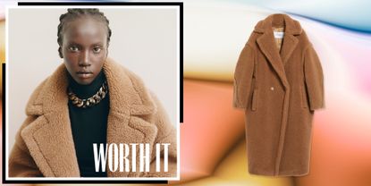 Max Mara Teddy Bear Coat overlayed with white text reading Worth It