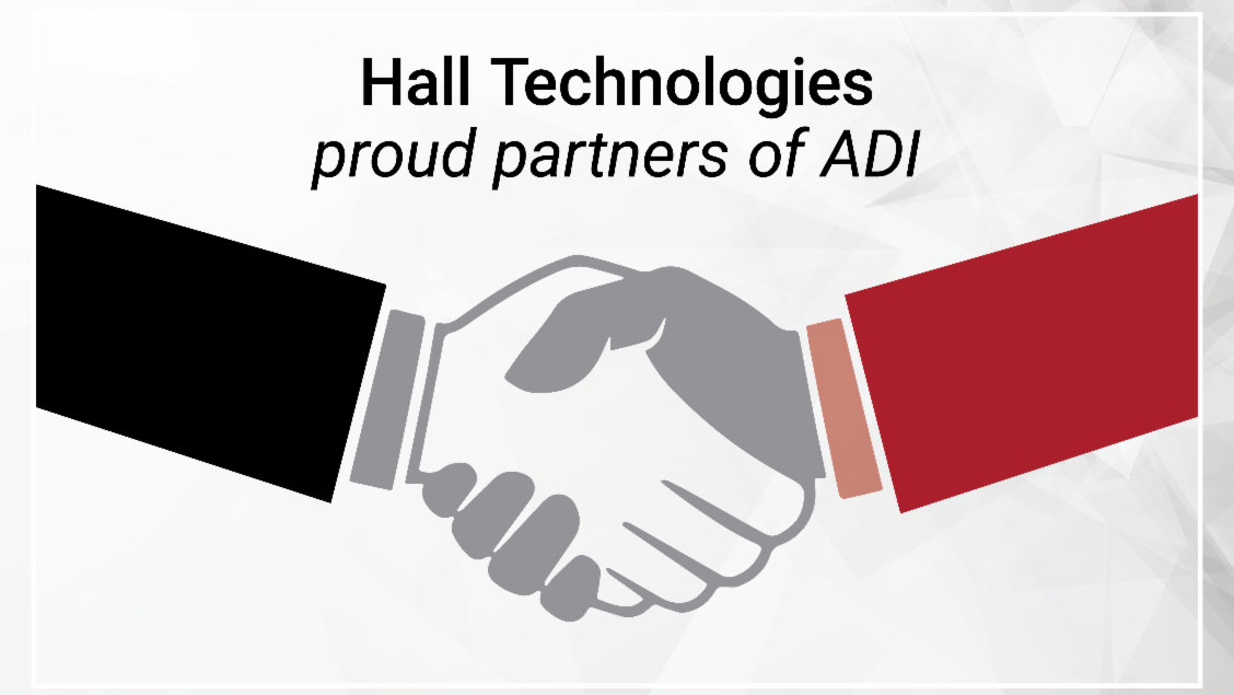 Hall Technologies and ADI Global Distribution logos above hands shaking as the two enter a distribution partnership.