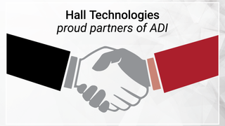 Hall Technologies and ADI Global Distribution logos above hands shaking as the two enter a distribution partnership.