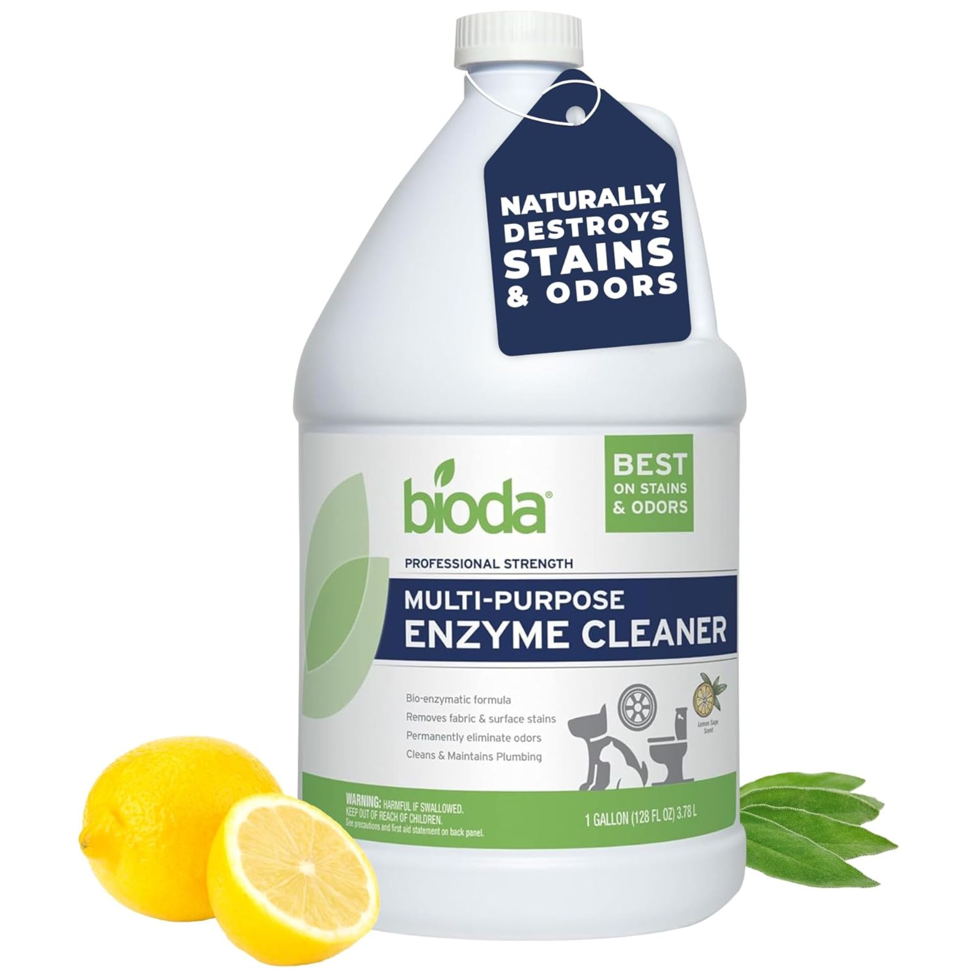 A white bottle of multi-purpose enzyme cleaner with a green and blue label