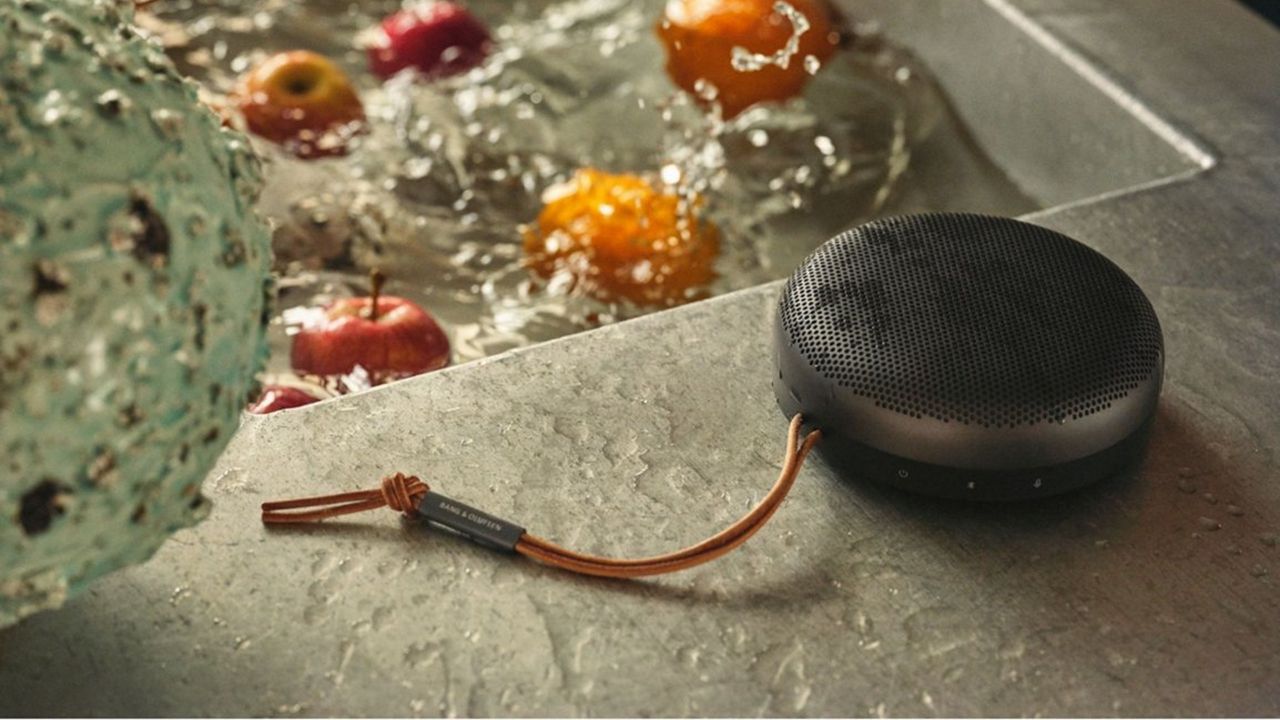 Bang &amp; Olufsen Beosound A1 shower speaker next to sink