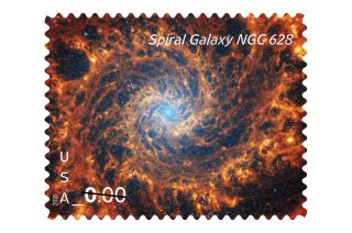 The U.S. Postal Service 2025 Priority Mail postage stamp features a Webb Space Telescope image of Spiral Galaxy NGC 628.