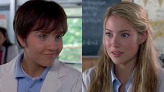 Viola disguised as Sebastian and Olivia in a side-by-side photo from She's the Man.