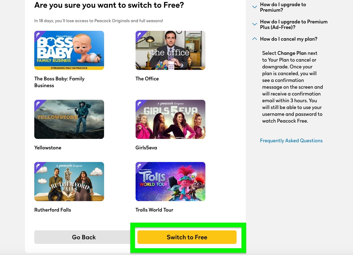 how to cancel a peacock subscription step 7: Select Switch to Free