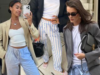 Stylish collage featuring three fashion influencers Amaka Hamelijnck, Vicky Montanari, and Valeria Sobalera wearing striped pajama pants.