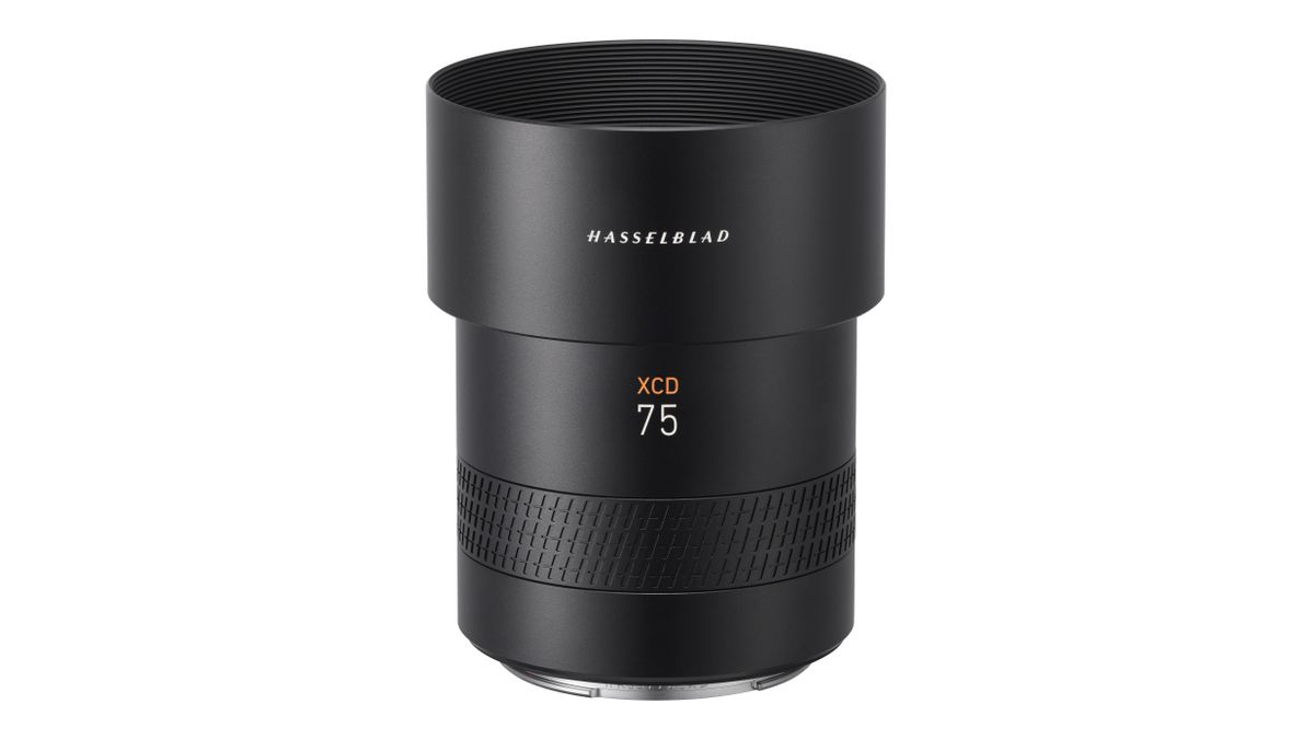 Hasselblad XCD 75P with a lens hood against a white background