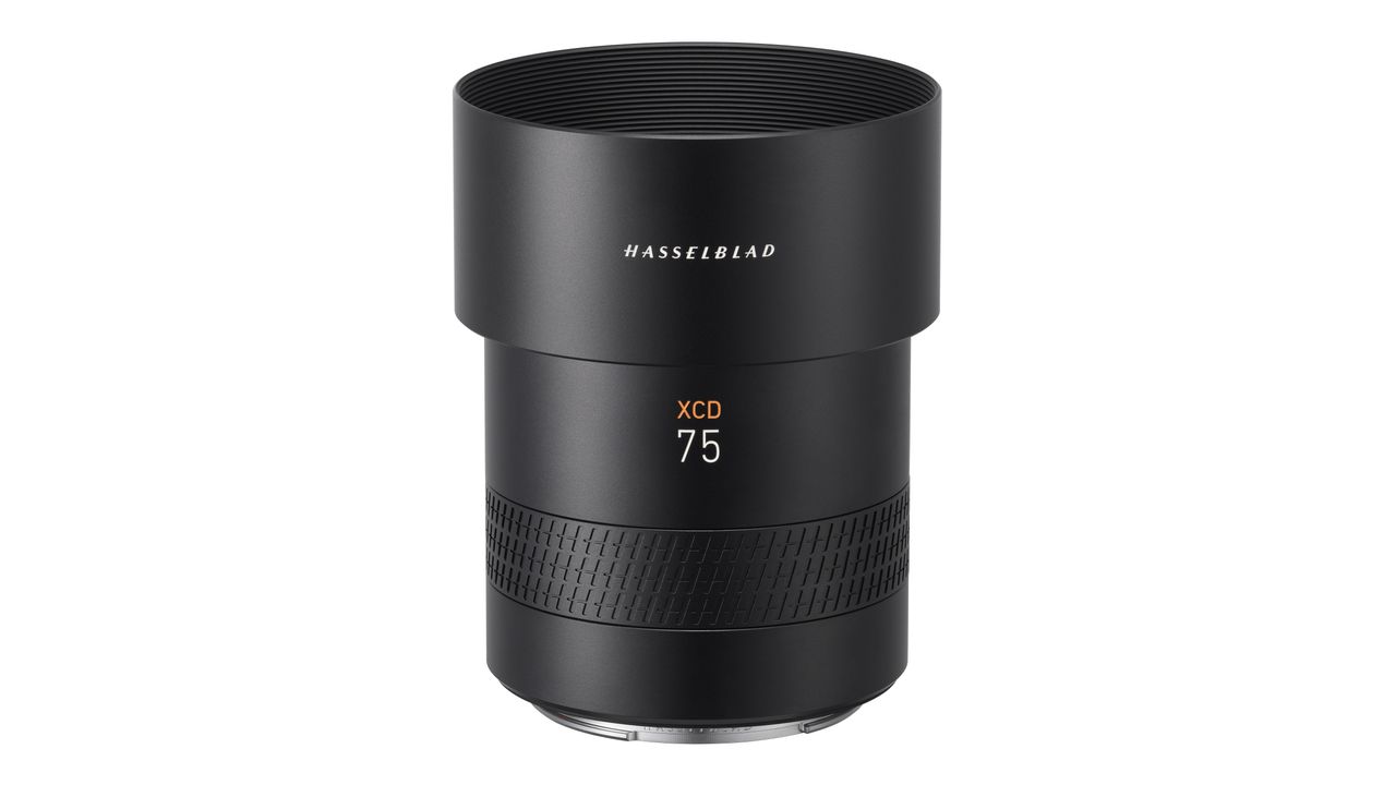 Hasselblad XCD 75P with a lens hood against a white background