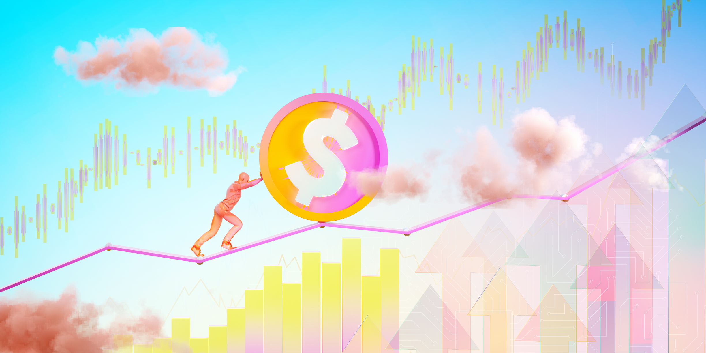 Digital generated image of man rolling up large scaled multicoloured coin with dollar sign and rolling it on growing linear diagram.