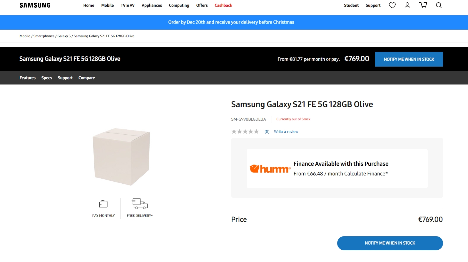 A listing on Samsung Ireland for the Galaxy S21 FE