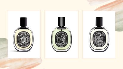 A collage of some of the best Diptyque perfumes included in this guide: Orpheon, Do Son, and Fleur de Peau