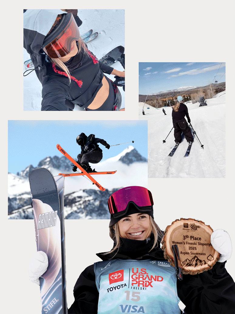 A collage of photos of Rell Harwood, freestyle skier on the U.S. Ski &amp;amp; Snowboard team who is competing in the 2026 Winter Olympics.