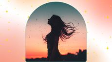 woman's silhouette on a sunset background and peach gradient